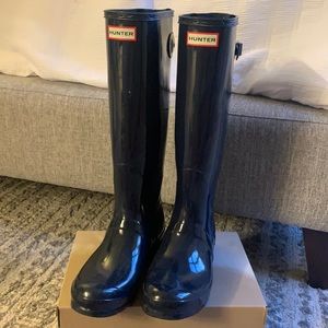 Tall Gloss Wide Calf Navy Blue Hunter Rain Boots